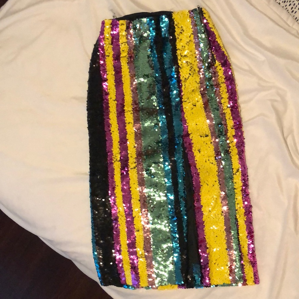 Sequin Striped Midi Skirt w/ Front Slit
